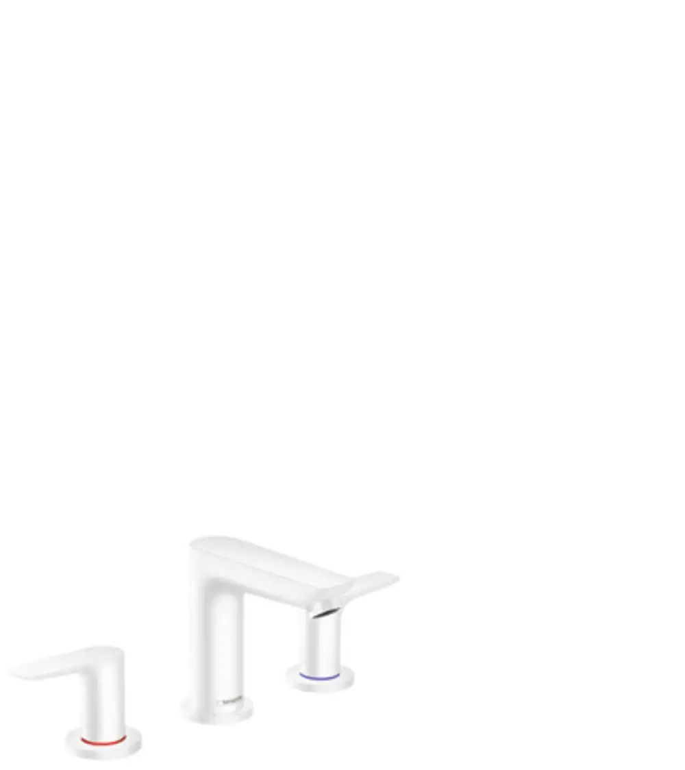 Dreiarmige Waschtischarmatur in Mattweiß von Hansgrohe mit zwei kleinen Bedienelementen und einem zentralen Wasserhahn, als Teil eines modernen Armaturendesigns.